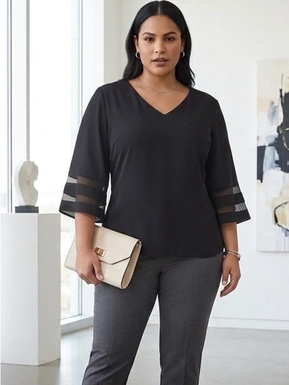 Black V-Neck Flutter Sleeve Blouse